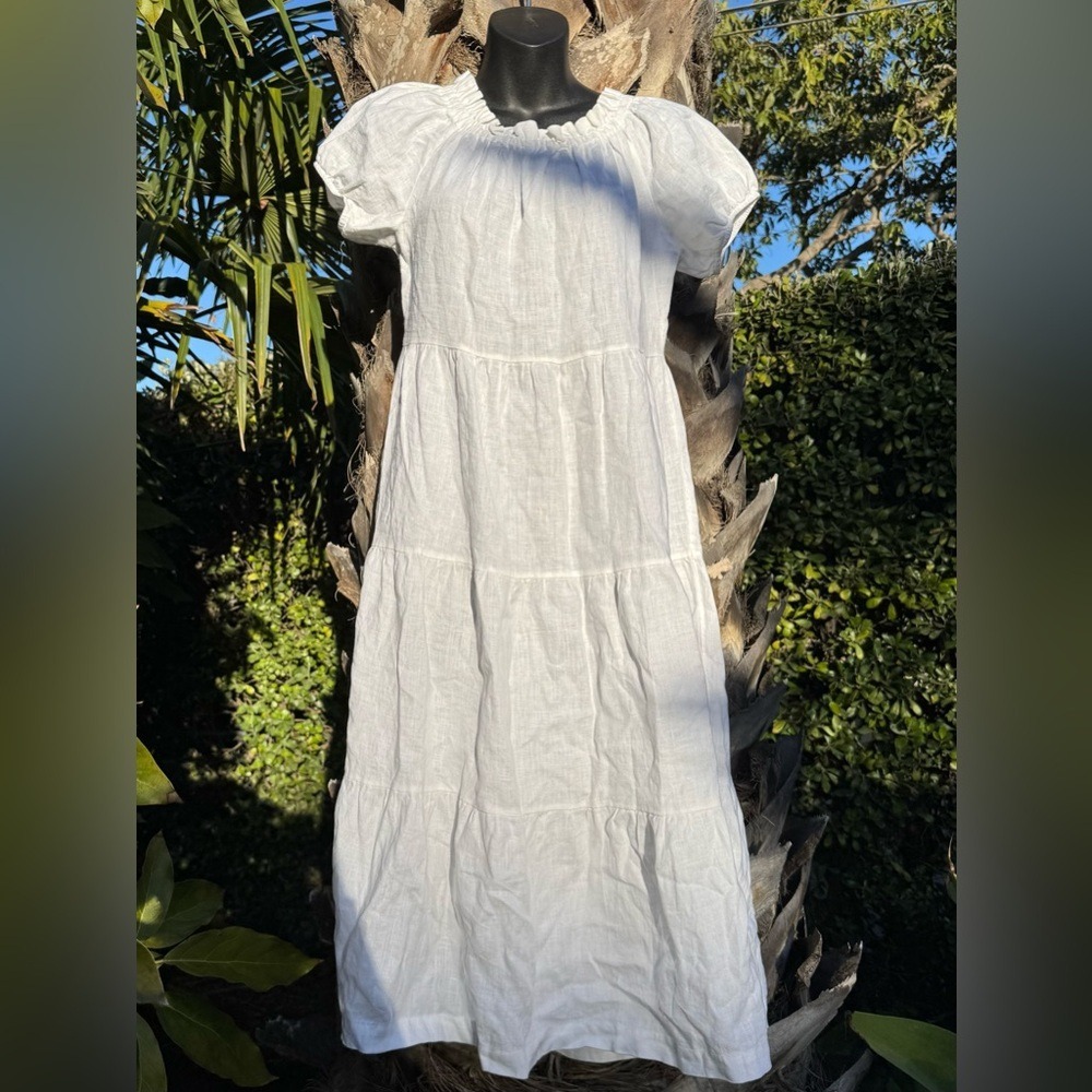 Saks Fifth Avenue 100% Linen Tiered Midi Dress M White Cottagecore Coastal